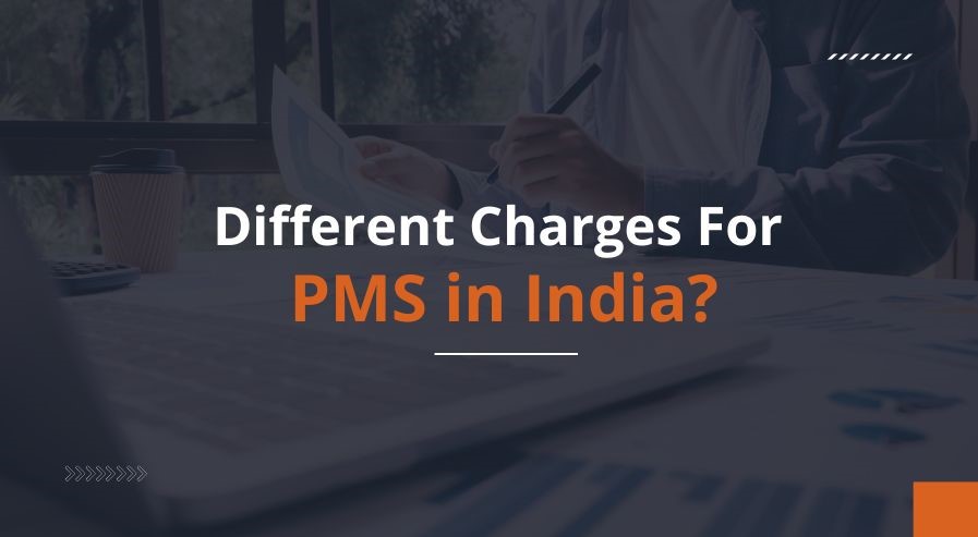 Person sitting at a desk with a laptop and coffee cup, holding a pen, with the text 'Different Charges for PMS in India' overlaid