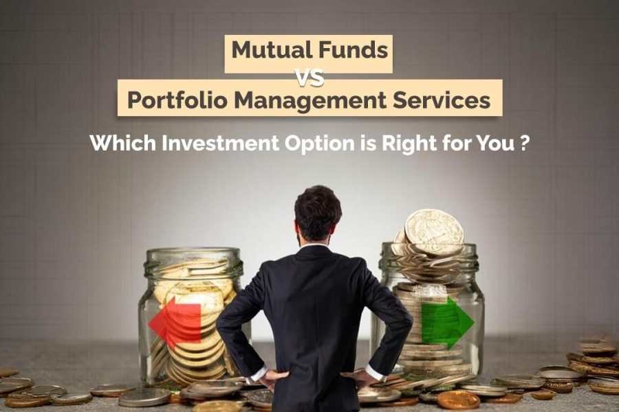 A man looking at a heading 'Mutual Funds vs PMS – Which investment option is right for you?' with money jars below
